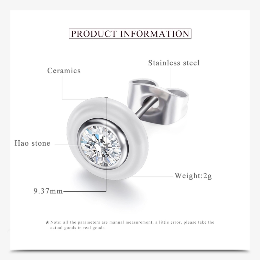 NEW White Solitaire Diamond Ceramic Stud Earrings - Picture 6 of 8